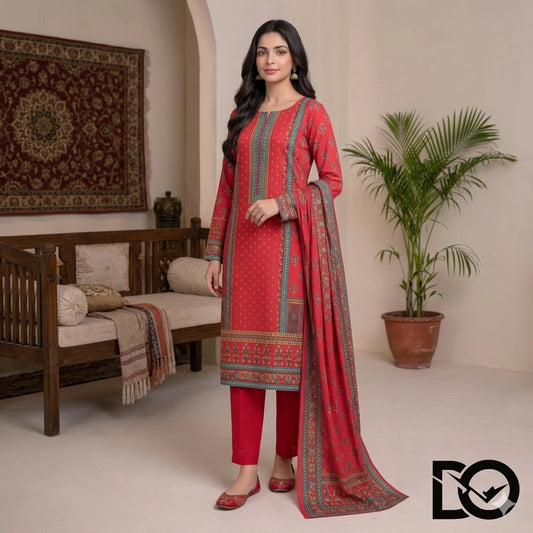 Crimson Heritage 3-Piece Unstitched Digital Printed Lawn Suit | Red Traditional Motif Print