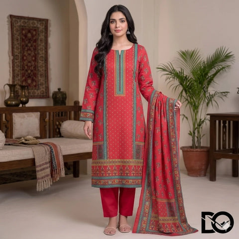 Crimson Heritage 3-Piece Unstitched Digital Printed Lawn Suit | Red Traditional Motif Print