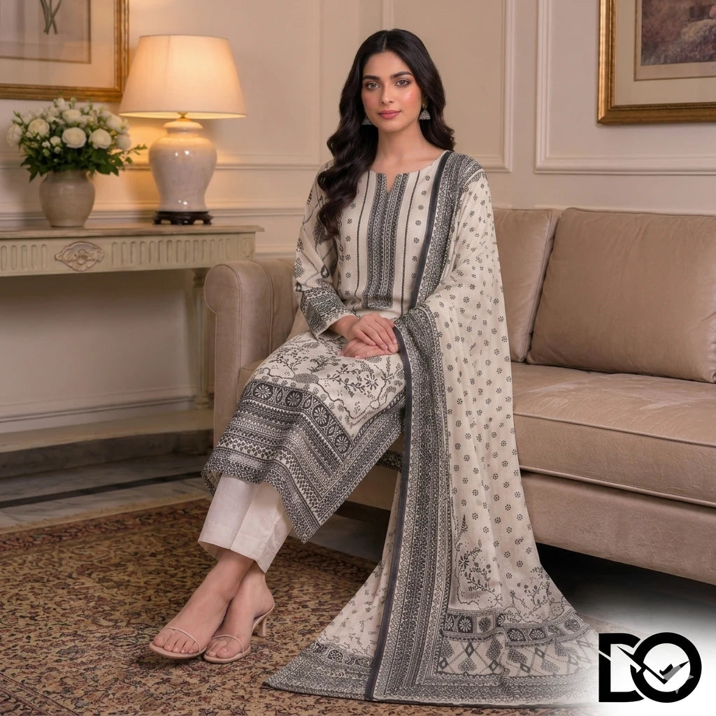 Ivory Bloom 3-Piece Unstitched Digital Printed Lawn Suit | Cream & Grey Floral Print