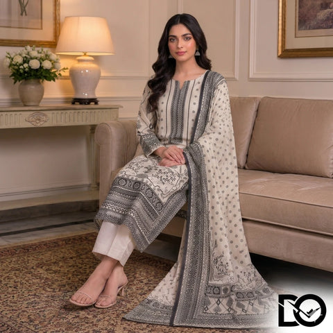 Ivory Bloom 3-Piece Unstitched Digital Printed Lawn Suit | Cream & Grey Floral Print