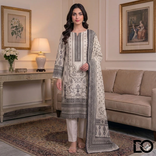 Ivory Bloom 3-Piece Unstitched Digital Printed Lawn Suit | Cream & Grey Floral Print