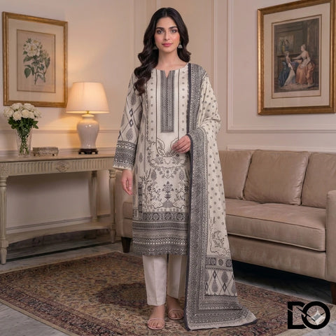 Ivory Bloom 3-Piece Unstitched Digital Printed Lawn Suit | Cream & Grey Floral Print