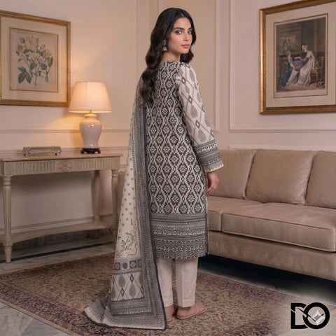 Ivory Bloom 3-Piece Unstitched Digital Printed Lawn Suit | Cream & Grey Floral Print