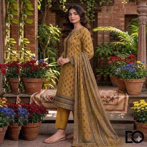 Golden Harvest 3-Piece Unstitched Digital Printed Lawn Suit | Mustard & Brown Booti Print