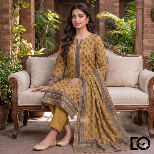 Golden Harvest 3-Piece Unstitched Digital Printed Lawn Suit | Mustard & Brown Booti Print