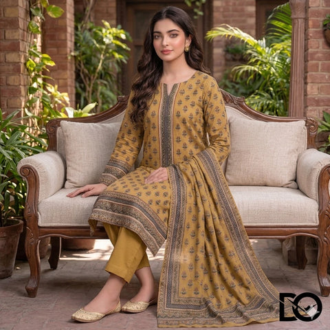 Golden Harvest 3-Piece Unstitched Digital Printed Lawn Suit | Mustard & Brown Booti Print