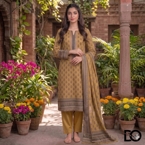 Golden Harvest 3-Piece Unstitched Digital Printed Lawn Suit | Mustard & Brown Booti Print