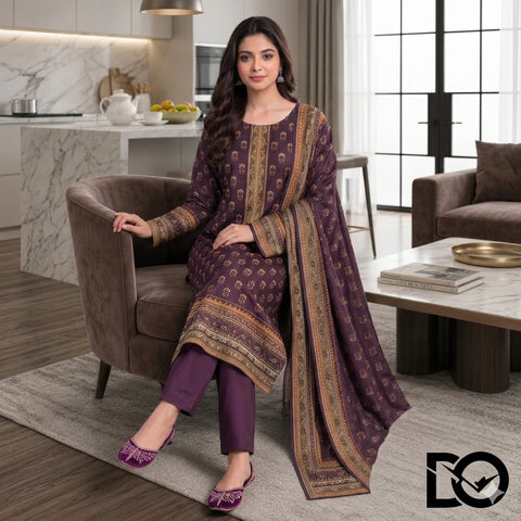 Royal Plum 3-Piece Unstitched Digital Printed Lawn Suit | Deep Purple & Gold Booti Print