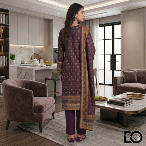 Royal Plum 3-Piece Unstitched Digital Printed Lawn Suit | Deep Purple & Gold Booti Print