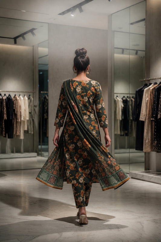 Forest Green Dense Floral Digital Printed Lawn Suit | 3-Piece Unstitched Premium Lawn