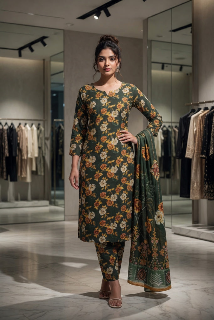 Forest Green Dense Floral Digital Printed Lawn Suit | 3-Piece Unstitched Premium Lawn