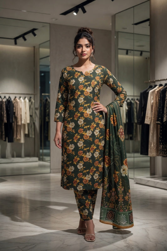 Forest Green Dense Floral Digital Printed Lawn Suit | 3-Piece Unstitched Premium Lawn