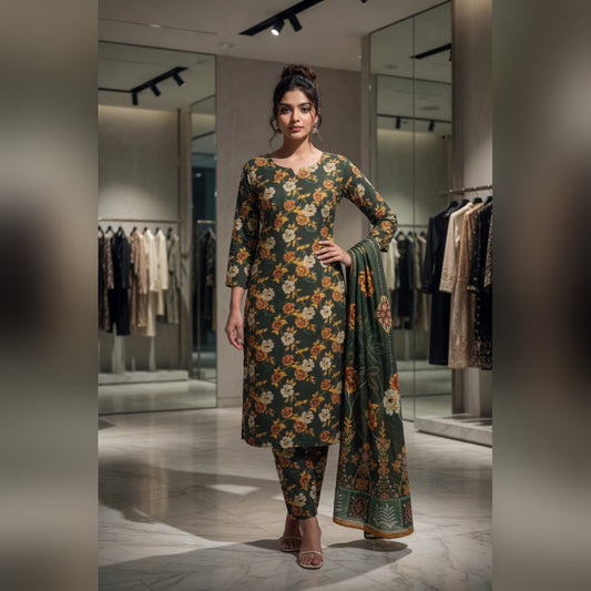 Forest Green Floral Printed Lawn — 3 Piece Unstitched