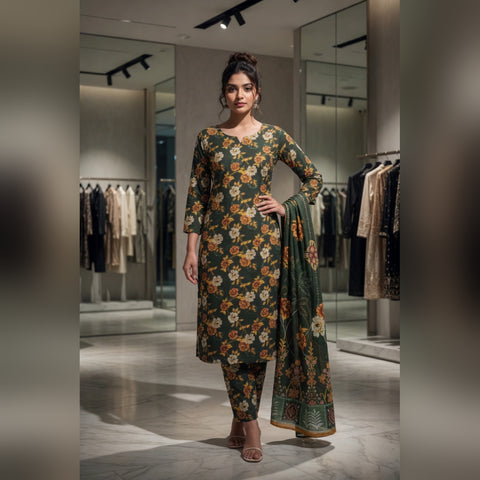 Forest Green Floral Printed Lawn — 3 Piece Unstitched