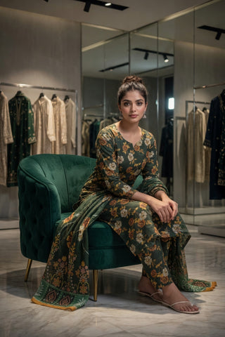 Forest Green Dense Floral Digital Printed Lawn Suit | 3-Piece Unstitched Premium Lawn