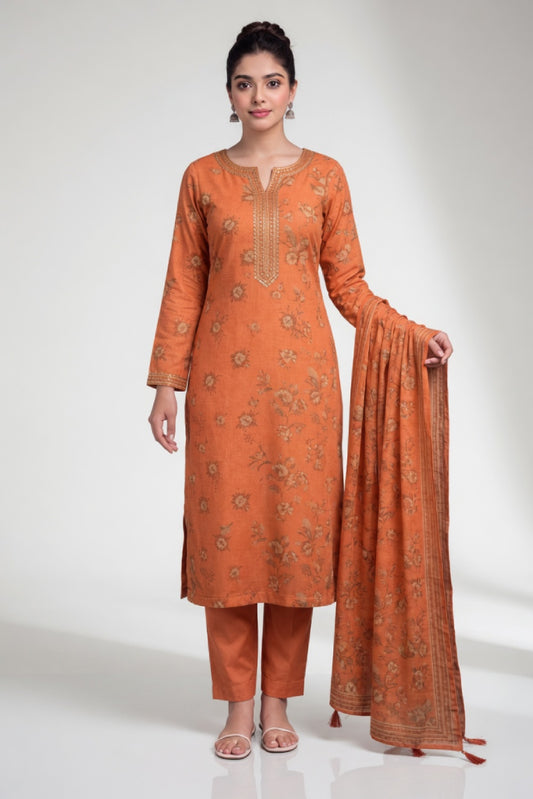 Rust Orange Subtle Floral Digital Printed Lawn Suit | 3-Piece Unstitched Premium Lawn