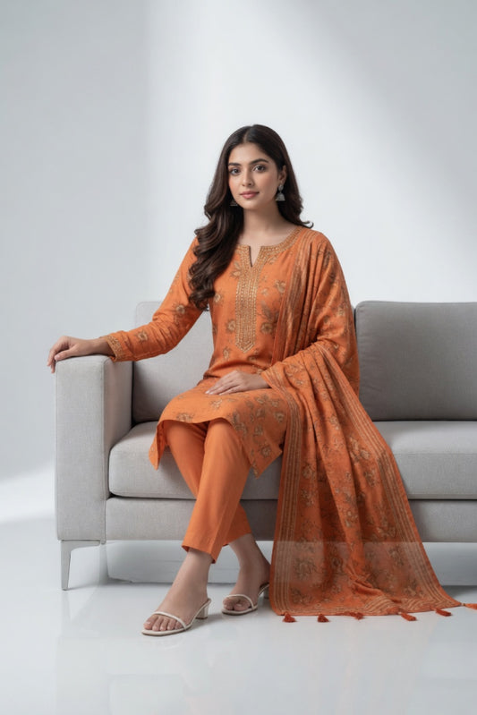 Rust Orange Subtle Floral Digital Printed Lawn Suit | 3-Piece Unstitched Premium Lawn