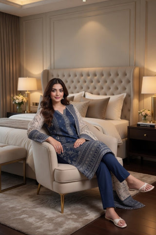 Navy Blue & Cream Geometric Digital Printed Lawn Suit | 3-Piece Unstitched Premium Lawn