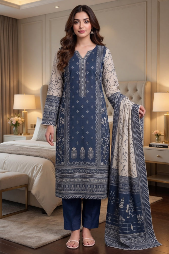 Navy Blue & Cream Geometric Digital Printed Lawn Suit | 3-Piece Unstitched Premium Lawn