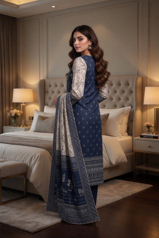 Navy Blue & Cream Geometric Digital Printed Lawn Suit | 3-Piece Unstitched Premium Lawn