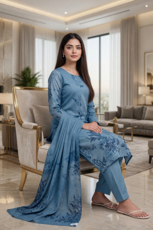 Steel Blue Printed Lawn Unstitched 3 Piece Suit | DailyOutfitter