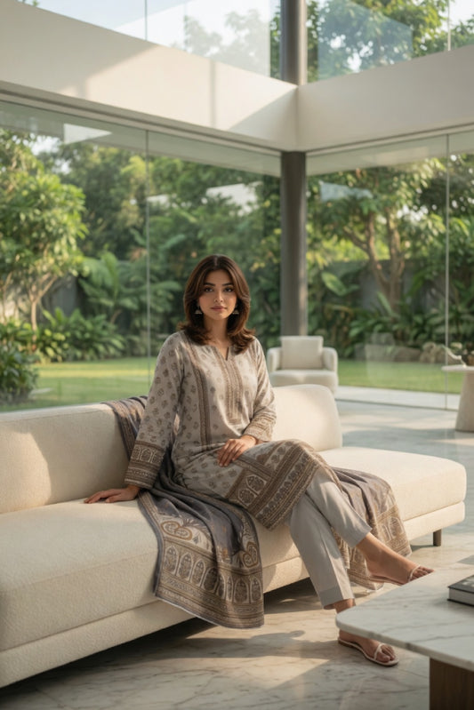 Off-White Small Motif Digital Printed Lawn Suit | 3-Piece Unstitched Premium Lawn