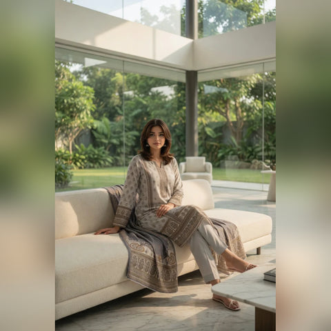 Off-White Motif Printed Lawn — 3 Piece Unstitched