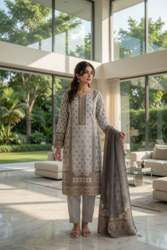 Off-White Small Motif Digital Printed Lawn Suit | 3-Piece Unstitched Premium Lawn