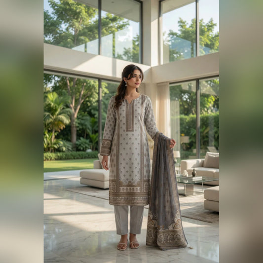 Off-White Motif Printed Lawn — 3 Piece Unstitched