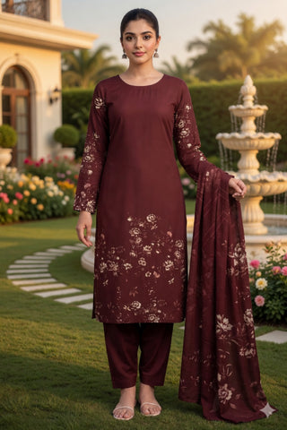 Deep Maroon Floral Digital Printed Lawn Suit | 3-Piece Unstitched Premium Lawn