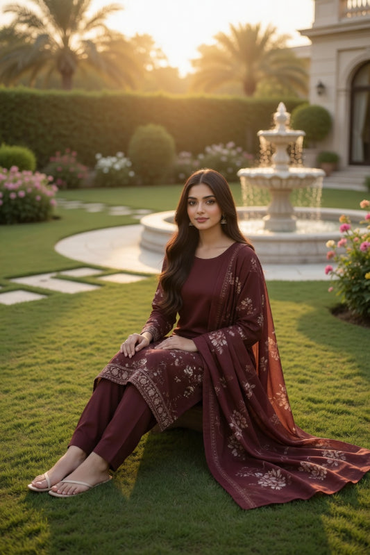 Deep Maroon Floral Digital Printed Lawn Suit | 3-Piece Unstitched Premium Lawn