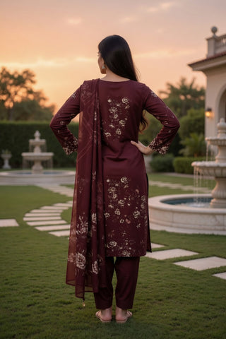 Deep Maroon Floral Digital Printed Lawn Suit | 3-Piece Unstitched Premium Lawn