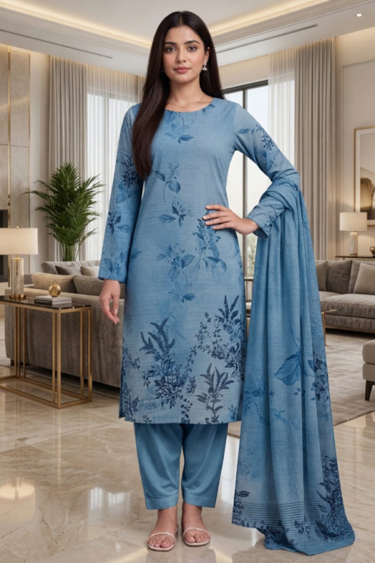 Steel Blue Printed Lawn Unstitched 3 Piece Suit | DailyOutfitter