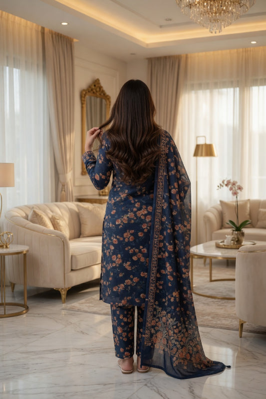 Navy Blue with Rust Floral Digital Printed Lawn Suit | 3-Piece Unstitched Premium Lawn