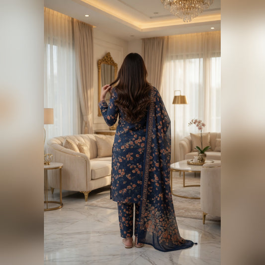 Navy Blue Rust Floral Printed Lawn — 3 Piece Unstitched