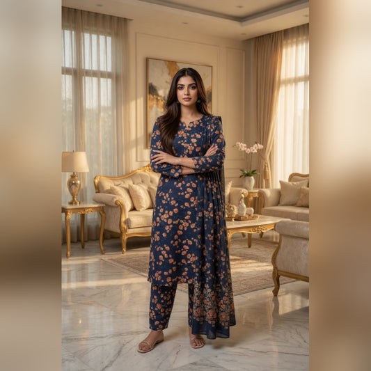 Navy Blue Rust Floral Printed Lawn — 3 Piece Unstitched