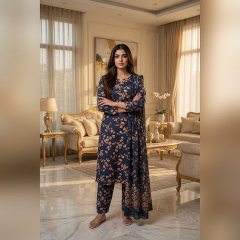 Navy Blue Rust Floral Printed Lawn — 3 Piece Unstitched