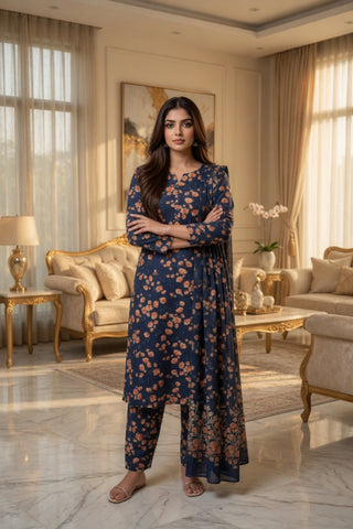 Navy Blue with Rust Floral Digital Printed Lawn Suit | 3-Piece Unstitched Premium Lawn