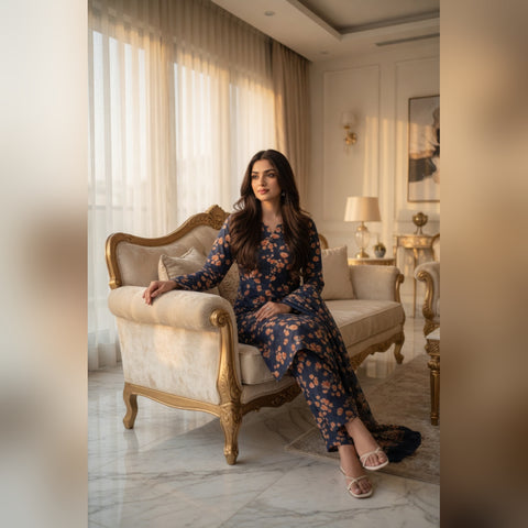 Navy Blue Rust Floral Printed Lawn — 3 Piece Unstitched