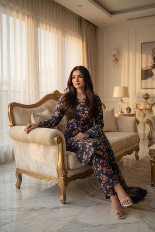 Navy Blue with Rust Floral Digital Printed Lawn Suit | 3-Piece Unstitched Premium Lawn