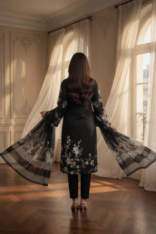 Black White Floral Digital Printed Lawn Suit | 3-Piece Unstitched Premium Lawn