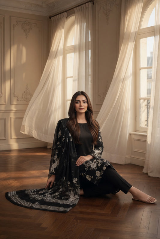 Black White Floral Digital Printed Lawn Suit | 3-Piece Unstitched Premium Lawn