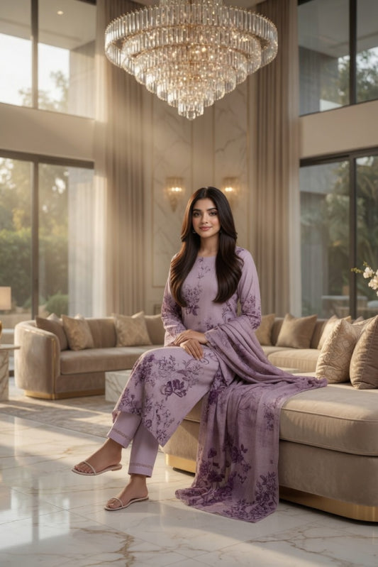 Lavender Purple Floral Scroll Digital Printed Lawn Suit | 3-Piece Unstitched Premium Lawn