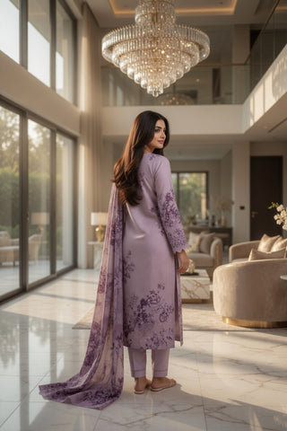 Lavender Purple Floral Scroll Digital Printed Lawn Suit | 3-Piece Unstitched Premium Lawn