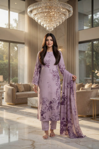 Lavender Purple Floral Scroll Digital Printed Lawn Suit | 3-Piece Unstitched Premium Lawn