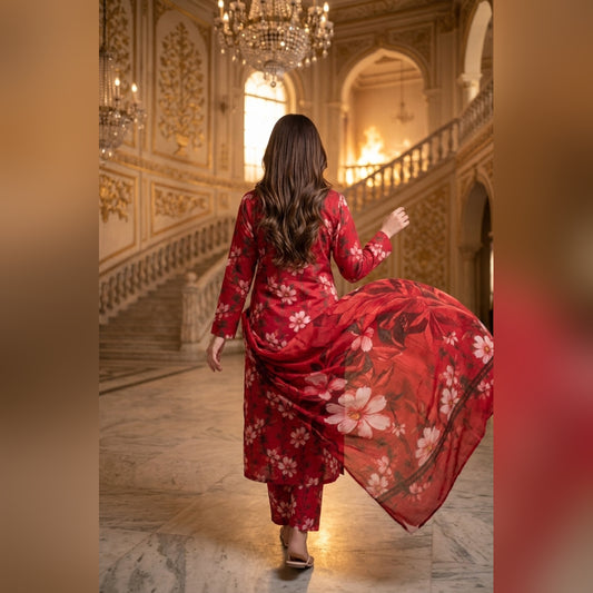 Red Bold Floral Printed Lawn — 3 Piece Unstitched