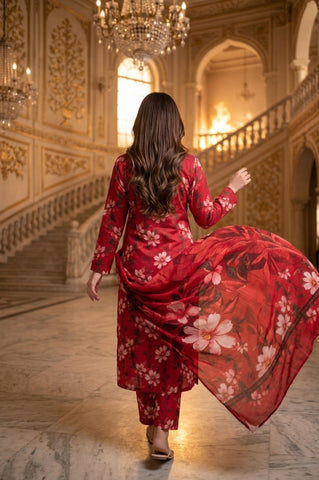 Red Large Floral Digital Printed Lawn Suit | 3-Piece Unstitched Premium Lawn