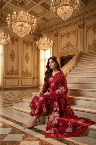 Red Large Floral Digital Printed Lawn Suit | 3-Piece Unstitched Premium Lawn
