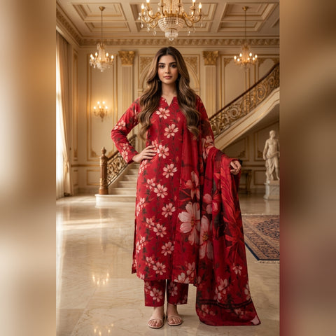 Red Bold Floral Printed Lawn — 3 Piece Unstitched