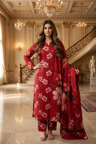 Red Large Floral Digital Printed Lawn Suit | 3-Piece Unstitched Premium Lawn
